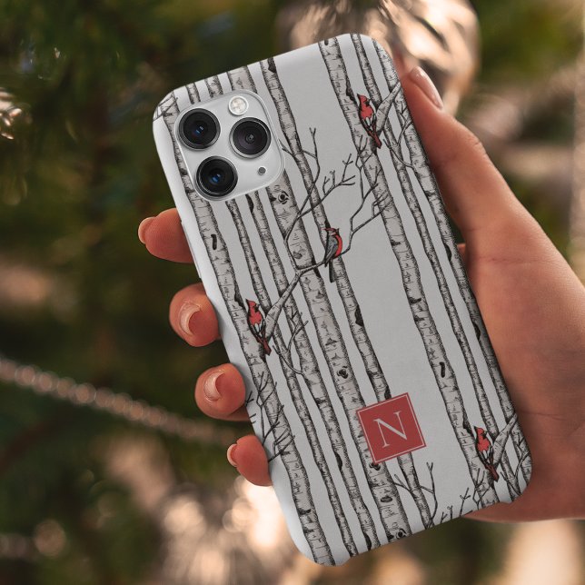 Monogrammed Birch Trees and Red Cardinal Birds Case-Mate iPhone Case (Modern Hand-Drawn Birch Trees with Red Cardinal Birds Perched on Branches. Personalize with Monogram)