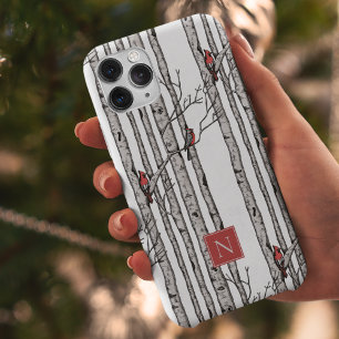 Monogrammed Birch Trees and Red Cardinal Birds Case-Mate iPhone 14 Pro Max Case