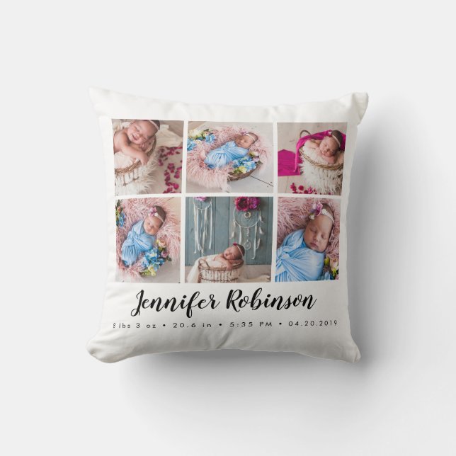 Monogrammed Birth Stat White Photo Cushion (Front)