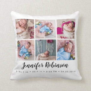 Monogrammed Birth Stat White Photo Cushion