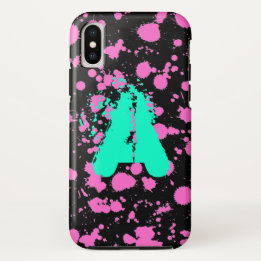 Monogrammed Black and Fuschia Splatter Paint Art iPhone X Case