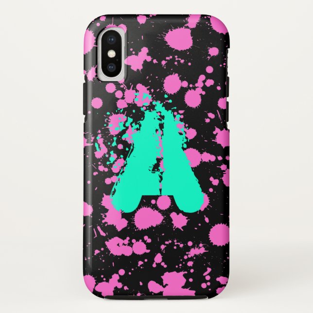 Monogrammed Black and Fuschia Splatter Paint Art Case-Mate iPhone Case (Back)