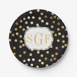 Monogrammed Black and Gold Glitter Dots Paper Plate
