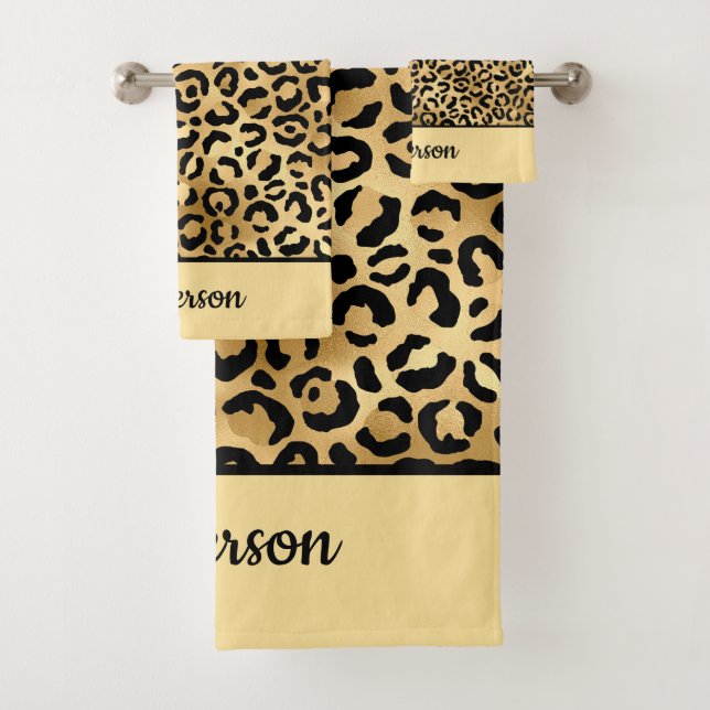 Monogrammed Black and Gold Leopard Print Cheetah   Bath Towel Set (Insitu)
