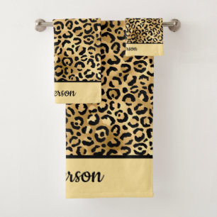 Monogrammed Black and Gold Leopard Print Cheetah Bath Towel Set