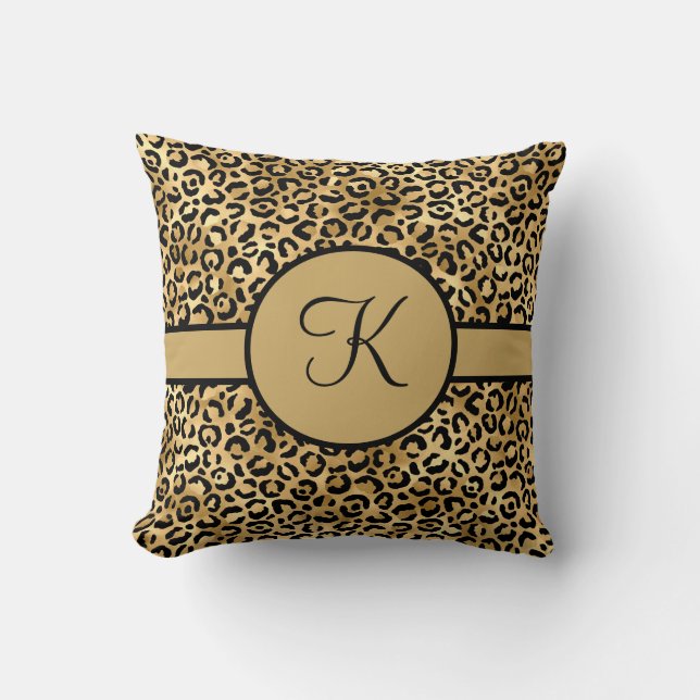 Monogrammed Black and Gold Leopard Print Cushion (Front)