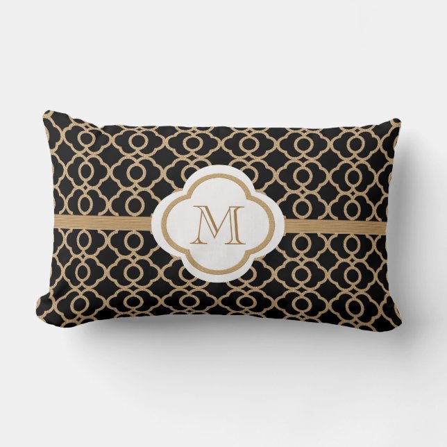 Monogrammed Black and Gold Moroccan Lumbar Cushion (Front)