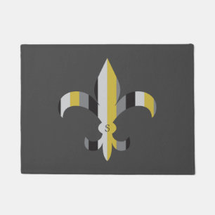 Monogrammed Black and Gold Striped Fleur de lis Doormat