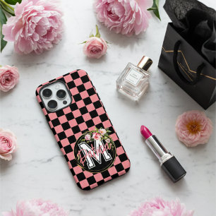 Monogrammed black and PINK Chequered Flower iPhone 16 Pro Max Case