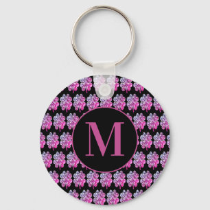 Monogrammed Black and Pink Four Leaf Clovers Key Ring