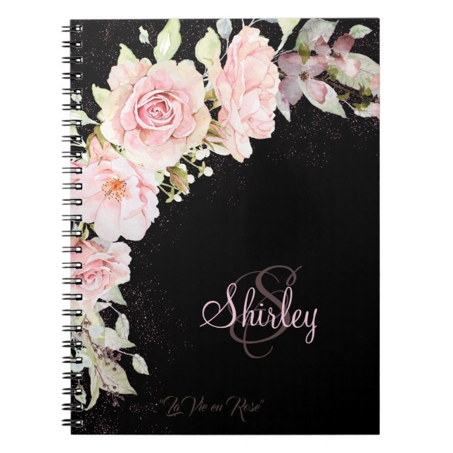 Monogrammed Black and Pink Watercolor Roses Notebook (Front)