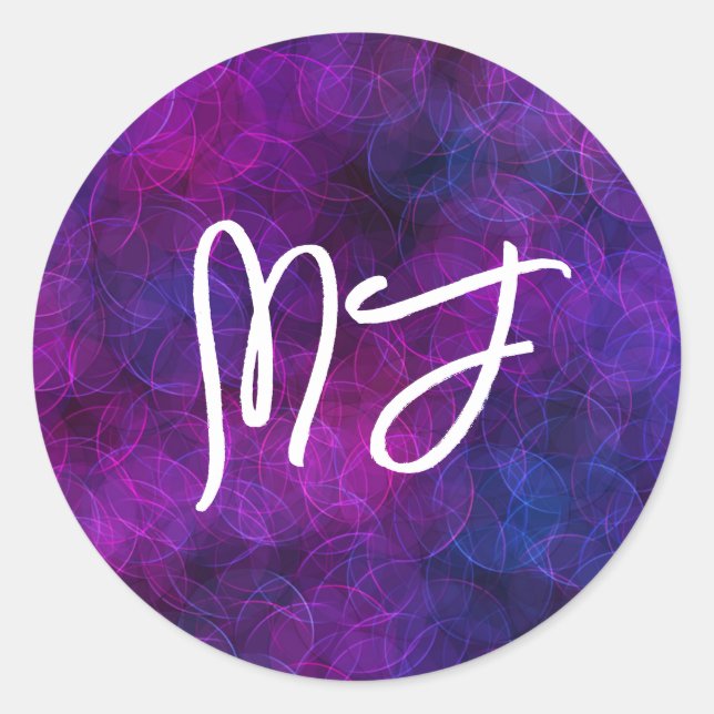 Monogrammed Black and Purple Digital Art Classic Round Sticker (Front)
