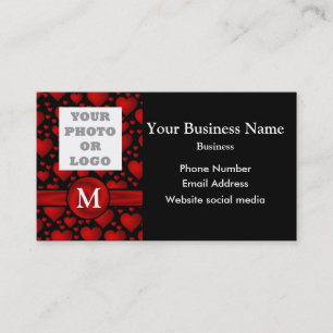Monogrammed black and red heart pattern and logo business card