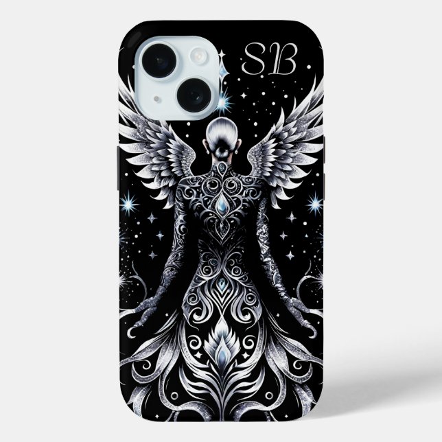 Monogrammed Black And Silver Tattoo Angel Case-Mate iPhone Case (Back)