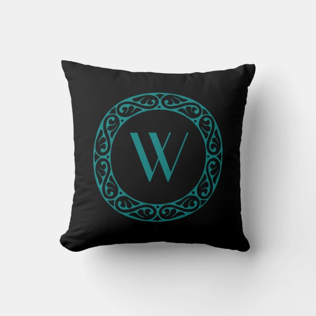 Monogrammed Black and Turquoise Celtic Knot Ring Cushion (Front)