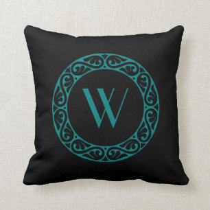 Monogrammed Black and Turquoise Celtic Knot Ring Cushion