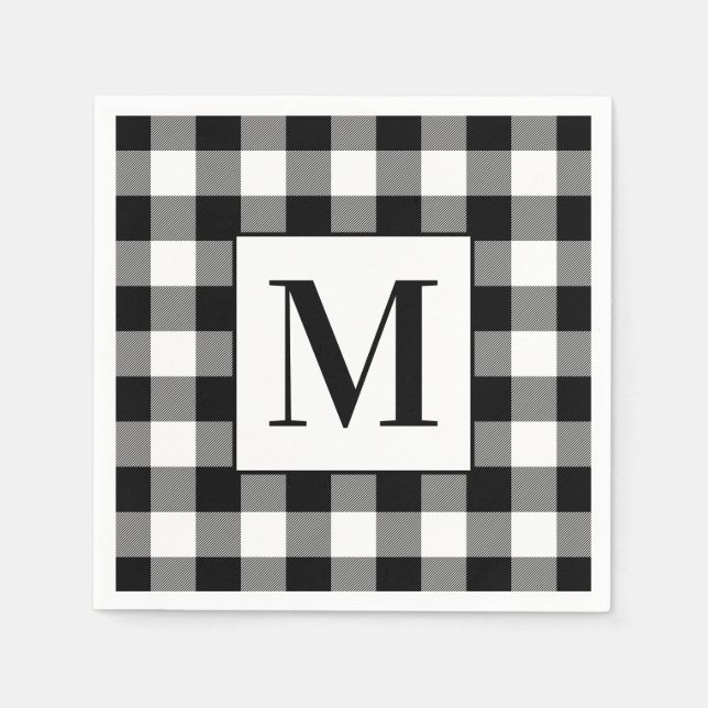 Monogrammed Black and White Buffalo Plaid Napkin (Front)