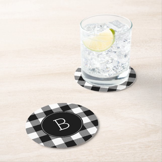 Monogrammed Black and White Buffalo Plaid Round Paper Coaster (Insitu)