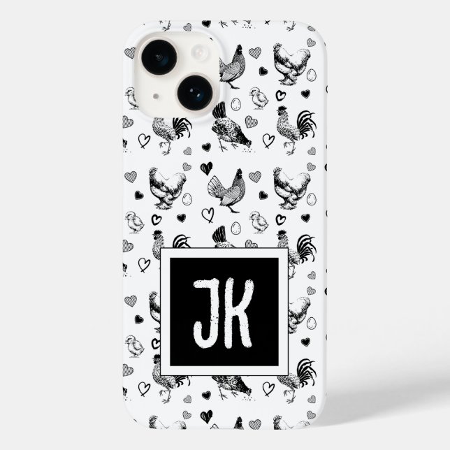 Monogrammed Black and White Cartoon Chickens Case-Mate iPhone Case (Back)
