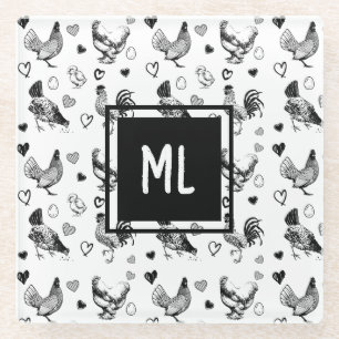Monogrammed Black and White Cartoon Chickens Glass Coaster