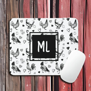 Monogrammed Black and White Cartoon Chickens Mouse Mat