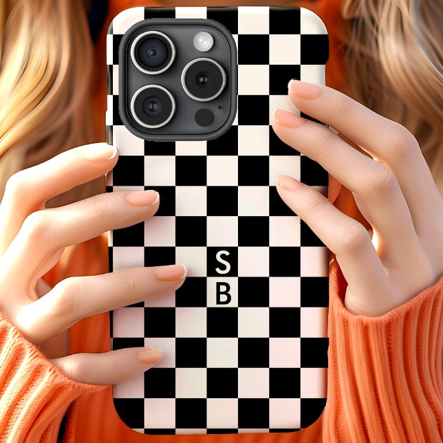 Monogrammed Black And White Chequerboard Pattern Case-Mate iPhone Case (Creator Uploaded)