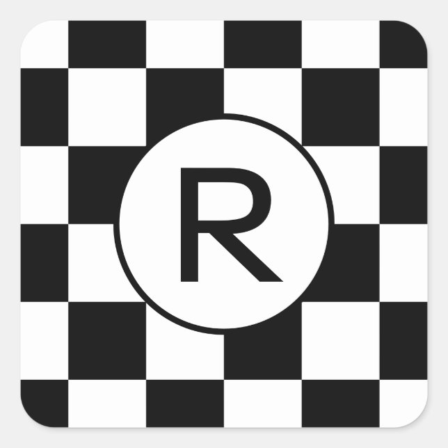 Monogrammed Black and White Chequered Pattern Square Sticker (Front)