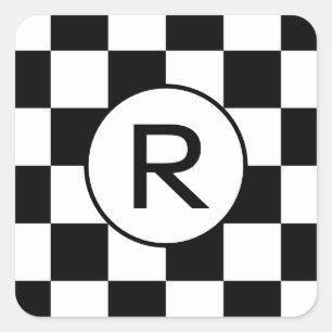 Monogrammed Black and White Chequered Pattern Square Sticker