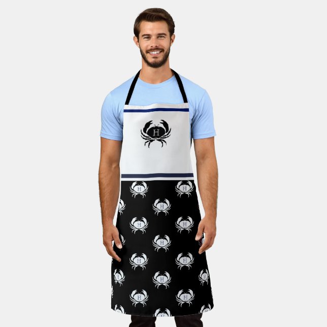 Monogrammed Black and White Crab Nautical  Apron (Worn)