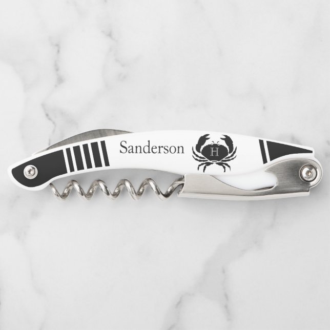 Monogrammed Black and White Crab Nautical Corkscrew (Back)