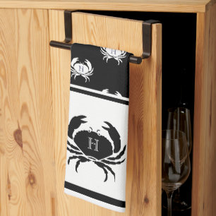 Monogrammed Black and White Crab Nautical Tea Towel