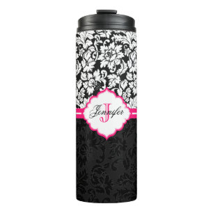 Monogrammed Black And White Damask Thermal Tumbler