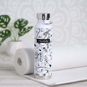 Monogrammed Black and White Floral Vacuum Insulate Water Bottle