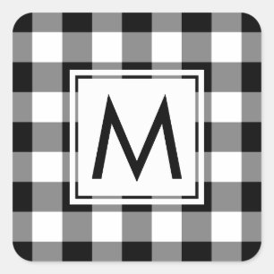 Monogrammed Black and White Gingham Plaid Pattern Square Sticker
