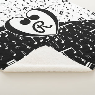 Monogrammed black and white love music sherpa blanket