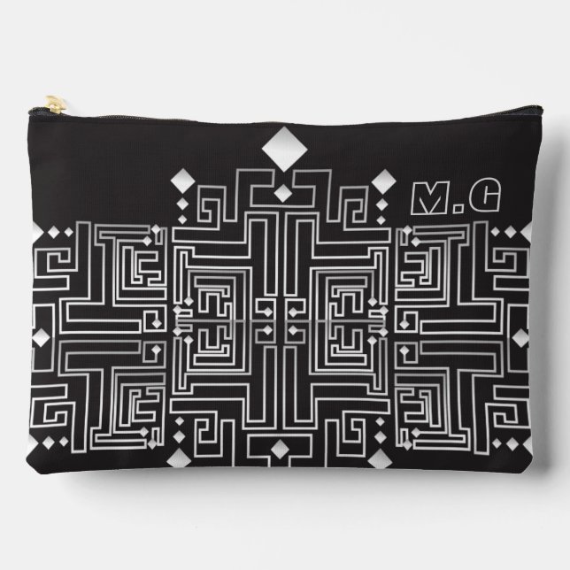 Monogrammed Black and White Maze Pattern Accessory Pouch (Front)