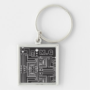 Monogrammed Black and White Maze Pattern Key Ring