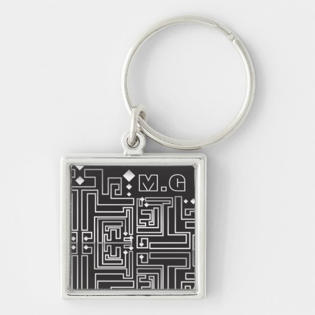 Monogrammed Black and White Maze Pattern Key Ring (Front)