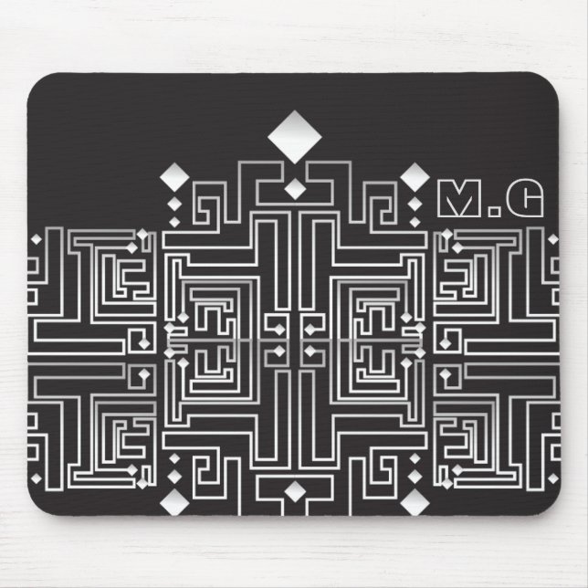 Monogrammed Black and White Maze Pattern Mouse Mat (Front)