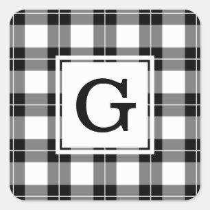 Monogrammed Black and White Plaid Pattern Square Sticker