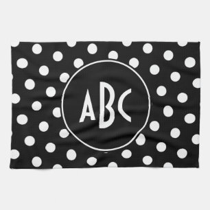 Monogrammed Black and White Polka Dots Tea Towel