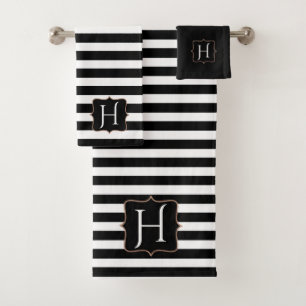 Monogrammed Black and White Striped Bath Towel Set