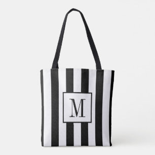 Monogrammed Black and White Striped Tote Bag