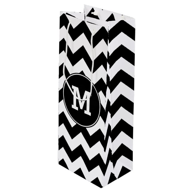 Monogrammed Black and White Zigzag Wine Gift Bag (Front Angled)
