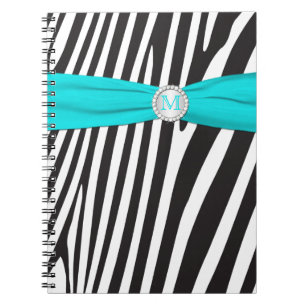 Monogrammed Black Aqua White Zebra Stripe Notebook