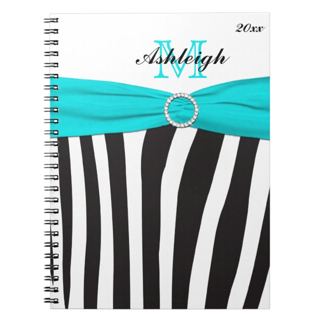 Monogrammed Black Aqua White Zebra Stripe Notebook (Front)