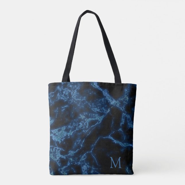 Monogrammed Black Background And Blue Glitter Tote Bag (Back)