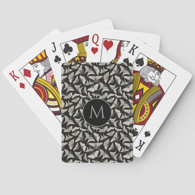 Monogrammed Black Beige Moth Bug Pattern  Playing Cards (Back)