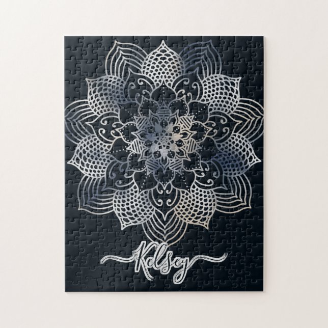 Monogrammed Black & Blue Mandala Pattern Jigsaw Puzzle (Vertical)