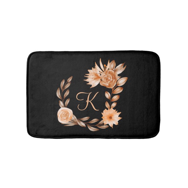 Monogrammed Black Brown and Peach Floral  Bath Mat (Front)